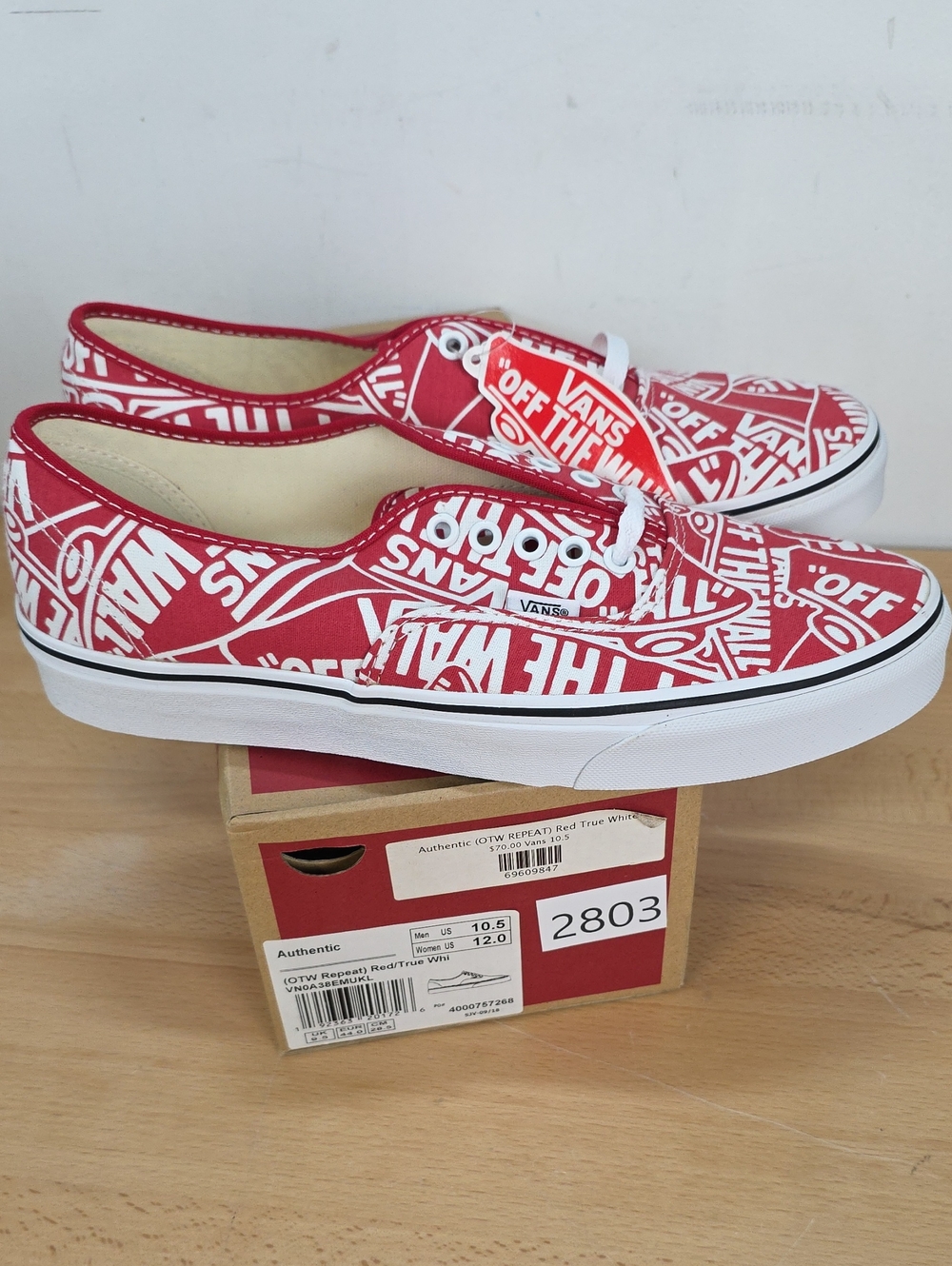 Vans Red and White Logo-Print Slip-On Sneakers 10.5 Men